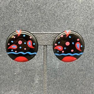 Retro Vintage Pierced Earrings Round Paisley Wave Polka Dots Black Red Blue Pink